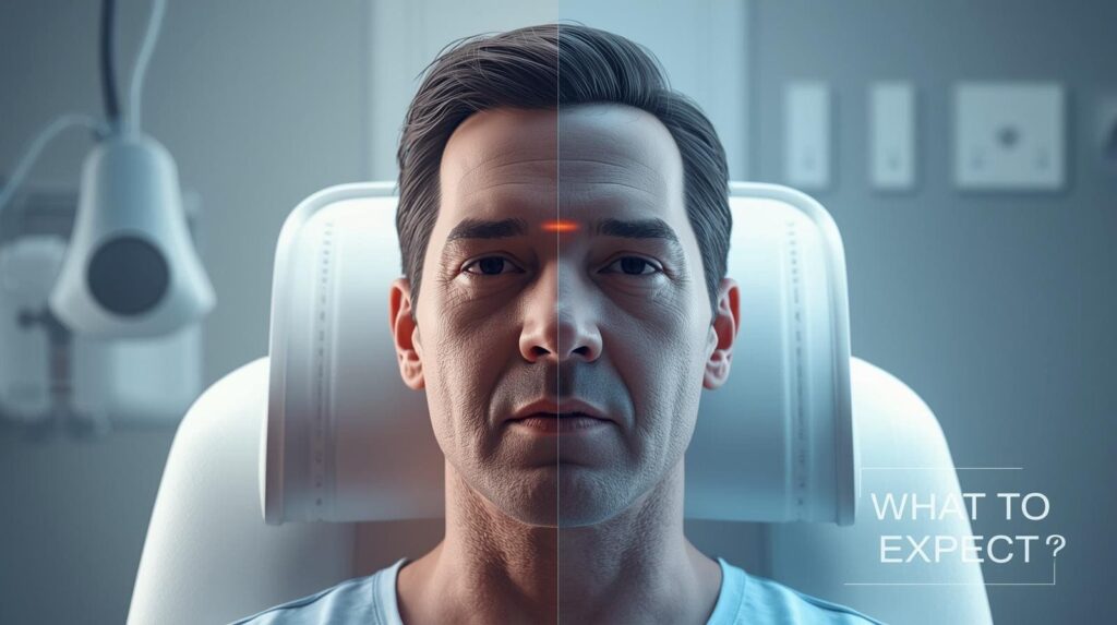 Does TMS Therapy Hurt? Here's What to Expect 3 Conceptual medical portrait of a man in a modern white treatment chair, illustrating a patient's journey.