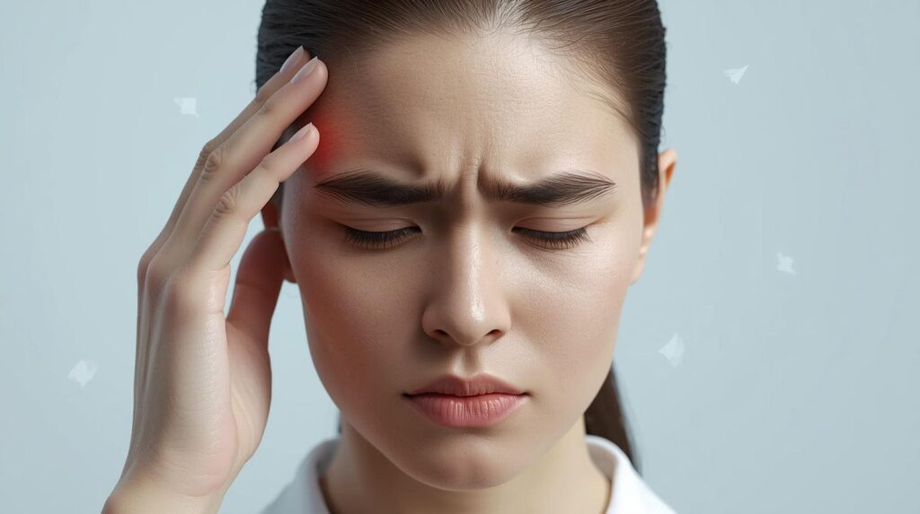 Does TMS Therapy Hurt? Here's What to Expect 2 A woman expressing slight physical discomfort by pressing her finger against a red-highlighted spot on her forehead.