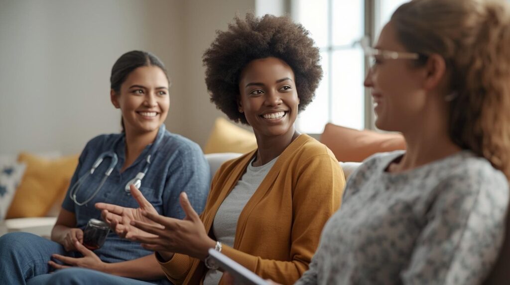 Does TMS Therapy Hurt? Here's What to Expect 4 Three women of diverse backgrounds sitting on a couch, smiling and engaging in a friendly, relaxed conversation with one doctor.