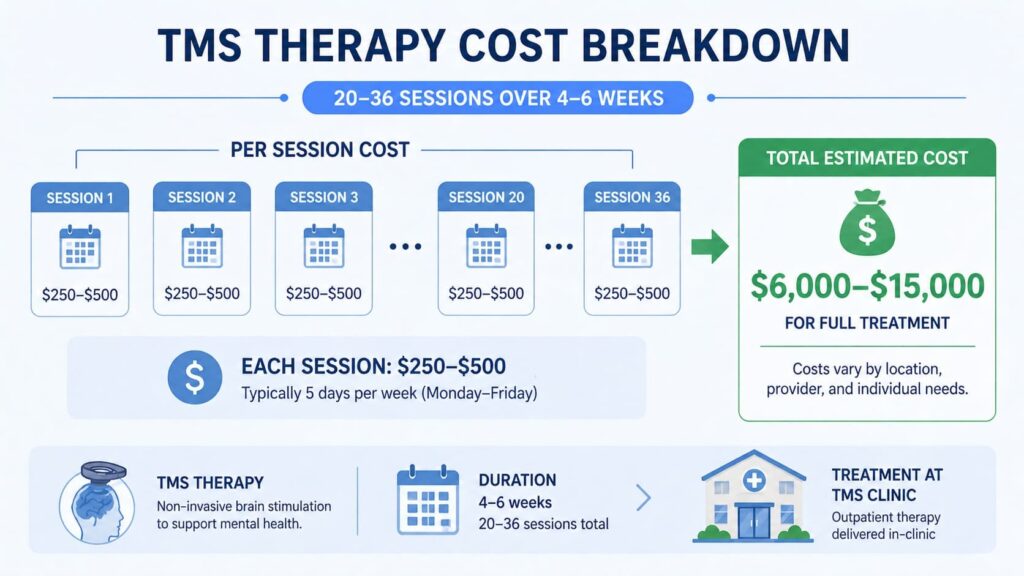 Showing how much does TMS therapy cost: $250-$500 per session, $6,000-$15,000 total over 4-6 weeks.