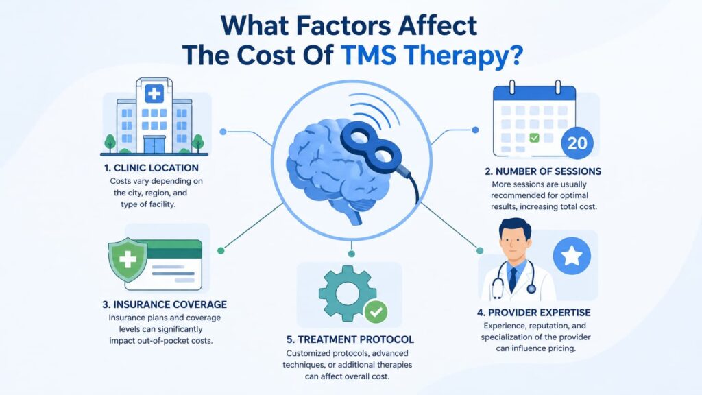 Five key factors affecting how much does TMS therapy cost, including location, sessions, and insurance.