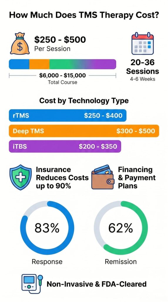 Chart breaking down how much does TMS therapy cost per session and by technology type.