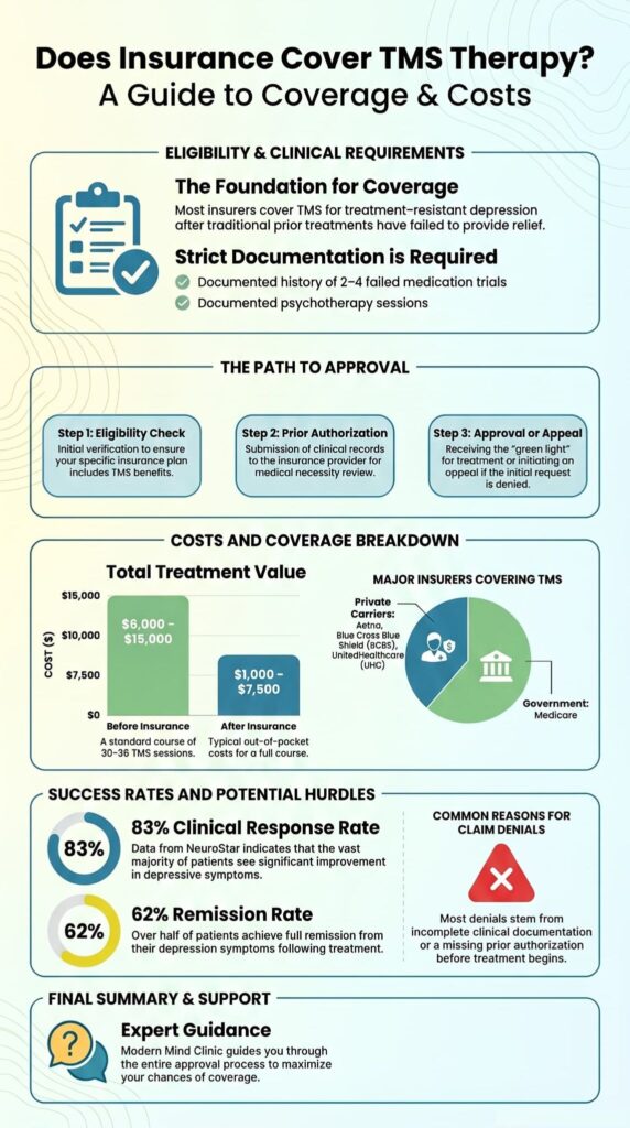 Does Insurance Cover TMS Therapy? Infographic covering eligibility, costs, approval steps, and success rates.