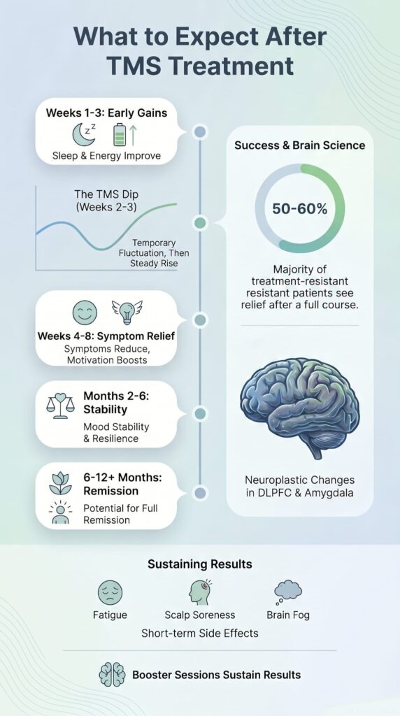 Infographic showing what to expect after TMS treatment, from early gains to remission over 12 months.