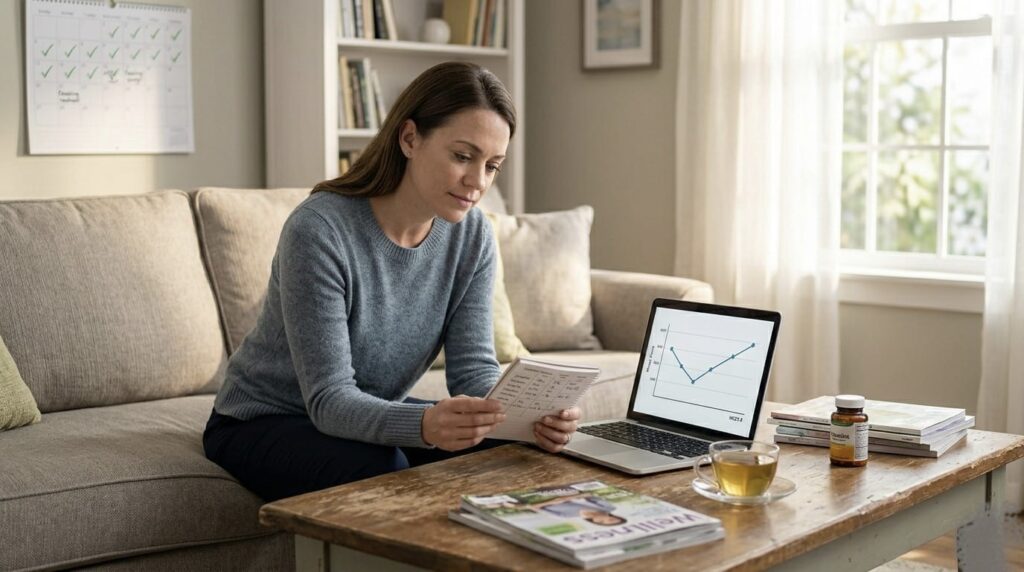 Woman at home researching what to expect after TMS treatment using laptop and printed materials.