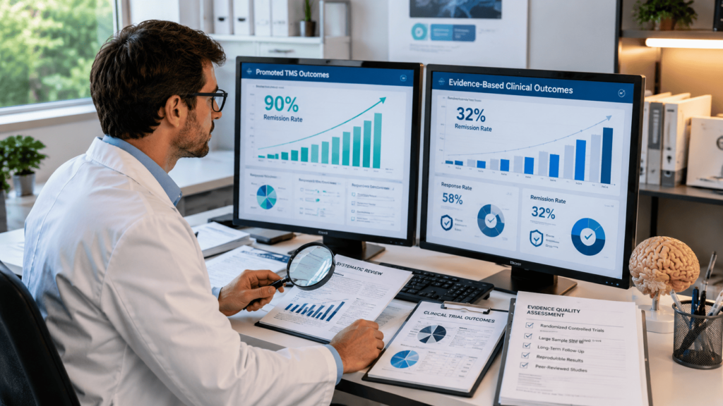 Doctor comparing promoted vs. evidence-based data on what is the remission rate for TMS across clinical studies.
