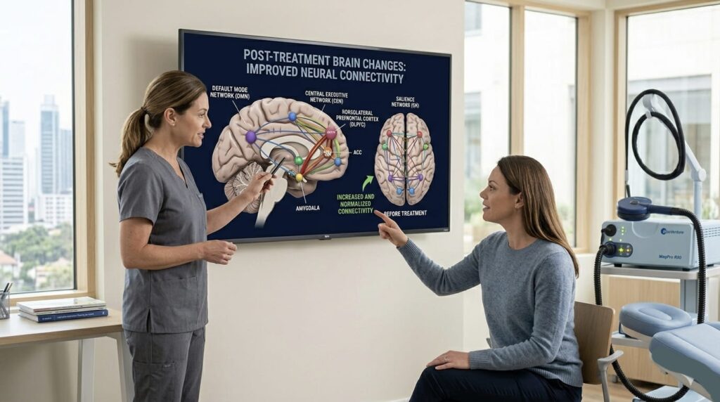 Nurse explains what to expect after TMS treatment showing improved neural connectivity brain diagram.