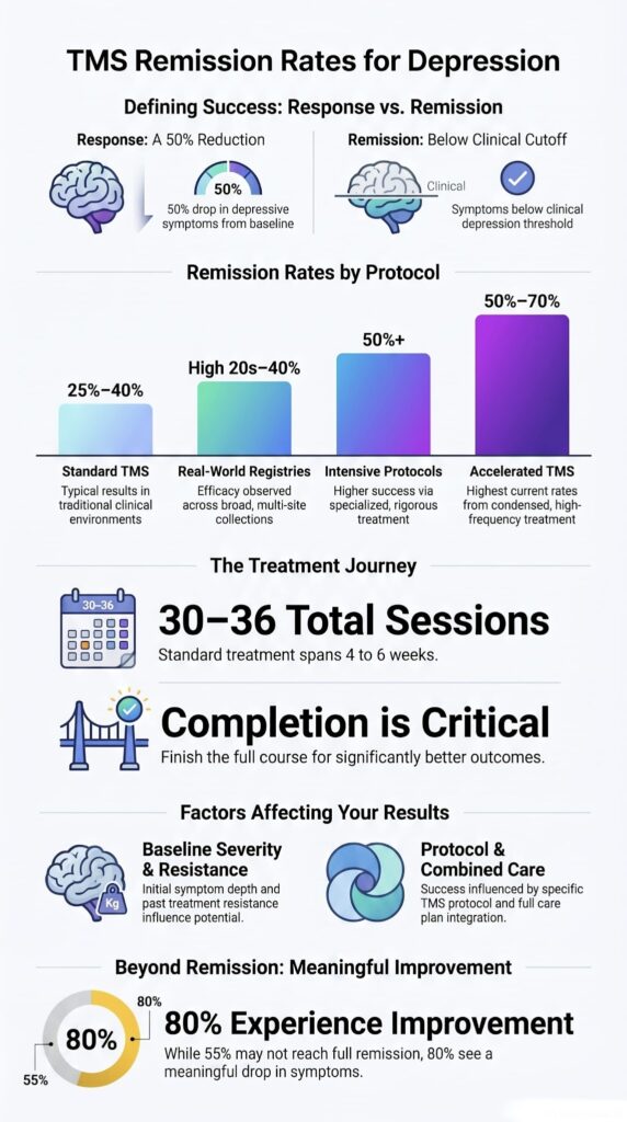 Infographic showing what is the remission rate for TMS, ranging from 25-70% depending on protocol type used.