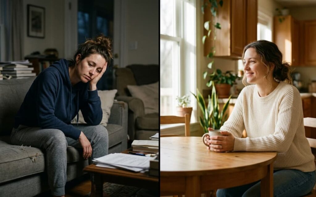 What are the long-term side effects of TMS? Woman before and after therapy — from fatigued to calm and smiling.