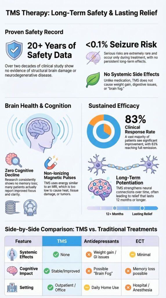 What are the long-term side effects of TMS? Infographic comparing TMS safety, cognition, and efficacy vs. other treatments.