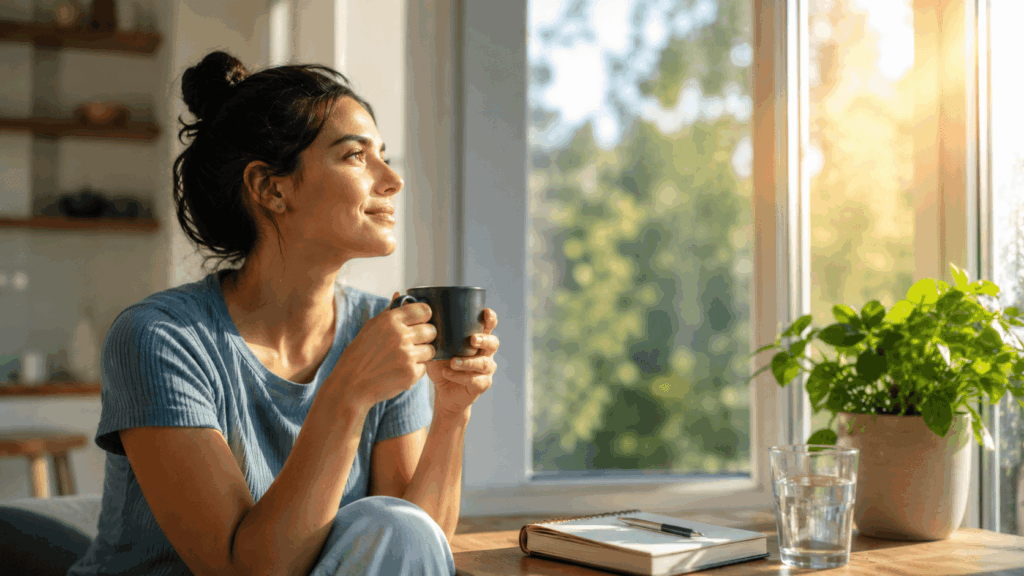 Woman smiling peacefully while holding a coffee mug and looking out a sunny window.