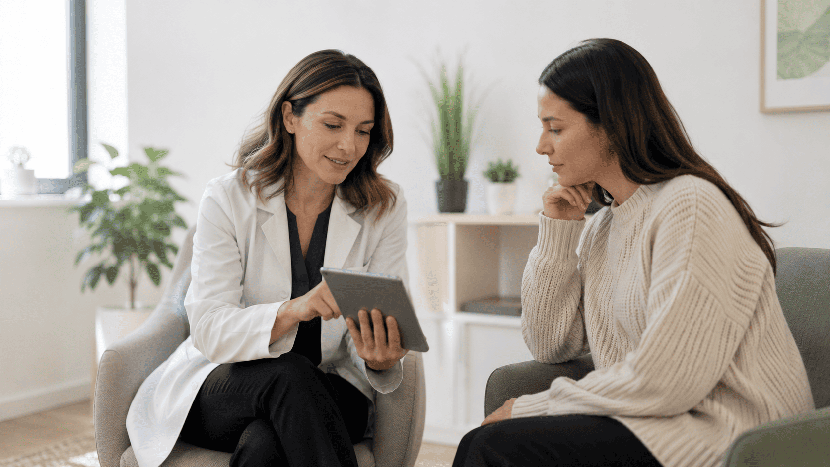 Can TMS Make You Feel Worse Before You Feel Better? 2 Doctor in white coat showing tablet screen to female patient during consultation.