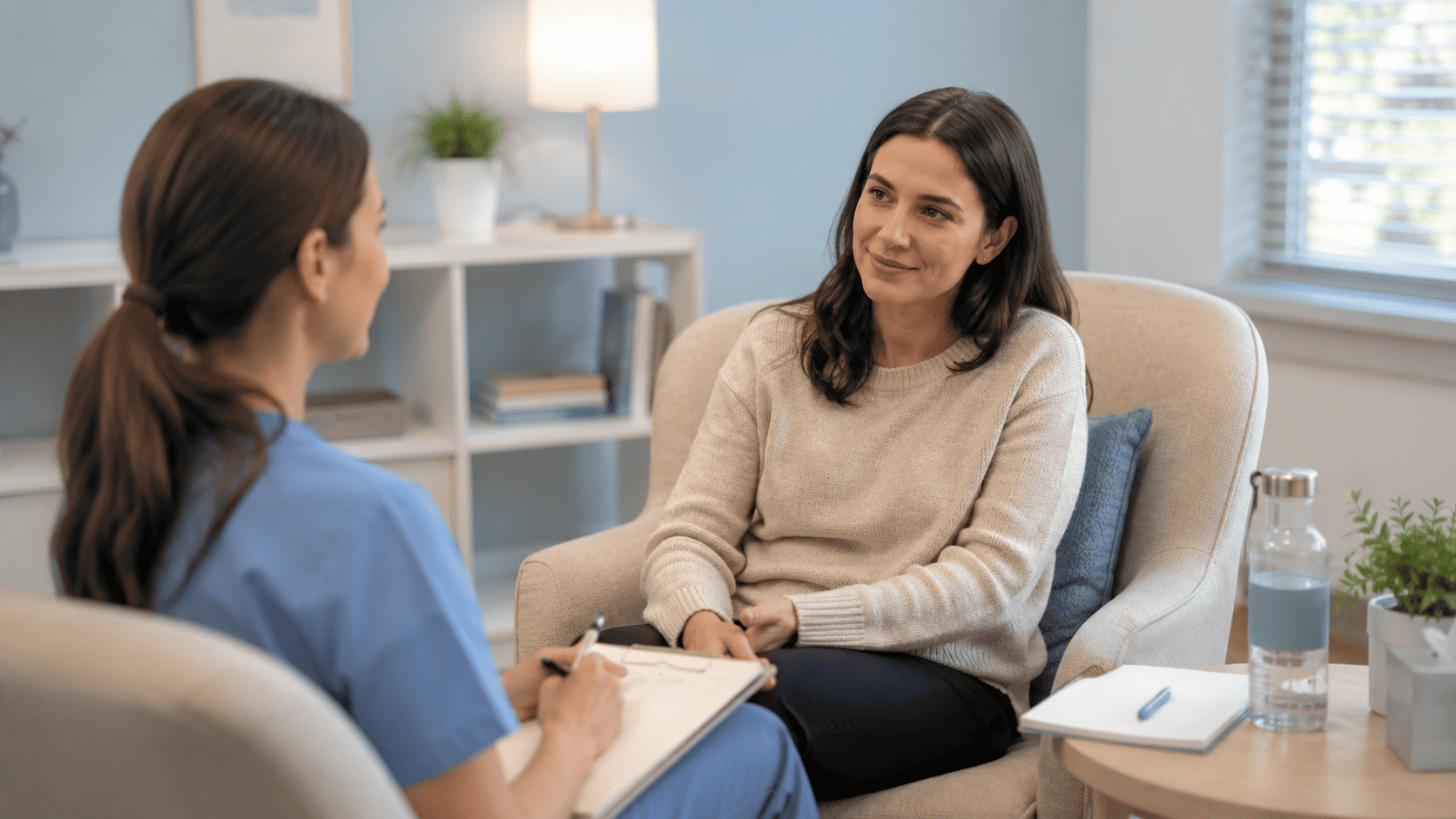 Can TMS Make You Feel Worse Before You Feel Better? 3 Nurse in scrubs taking notes while talking with smiling female patient in chair.