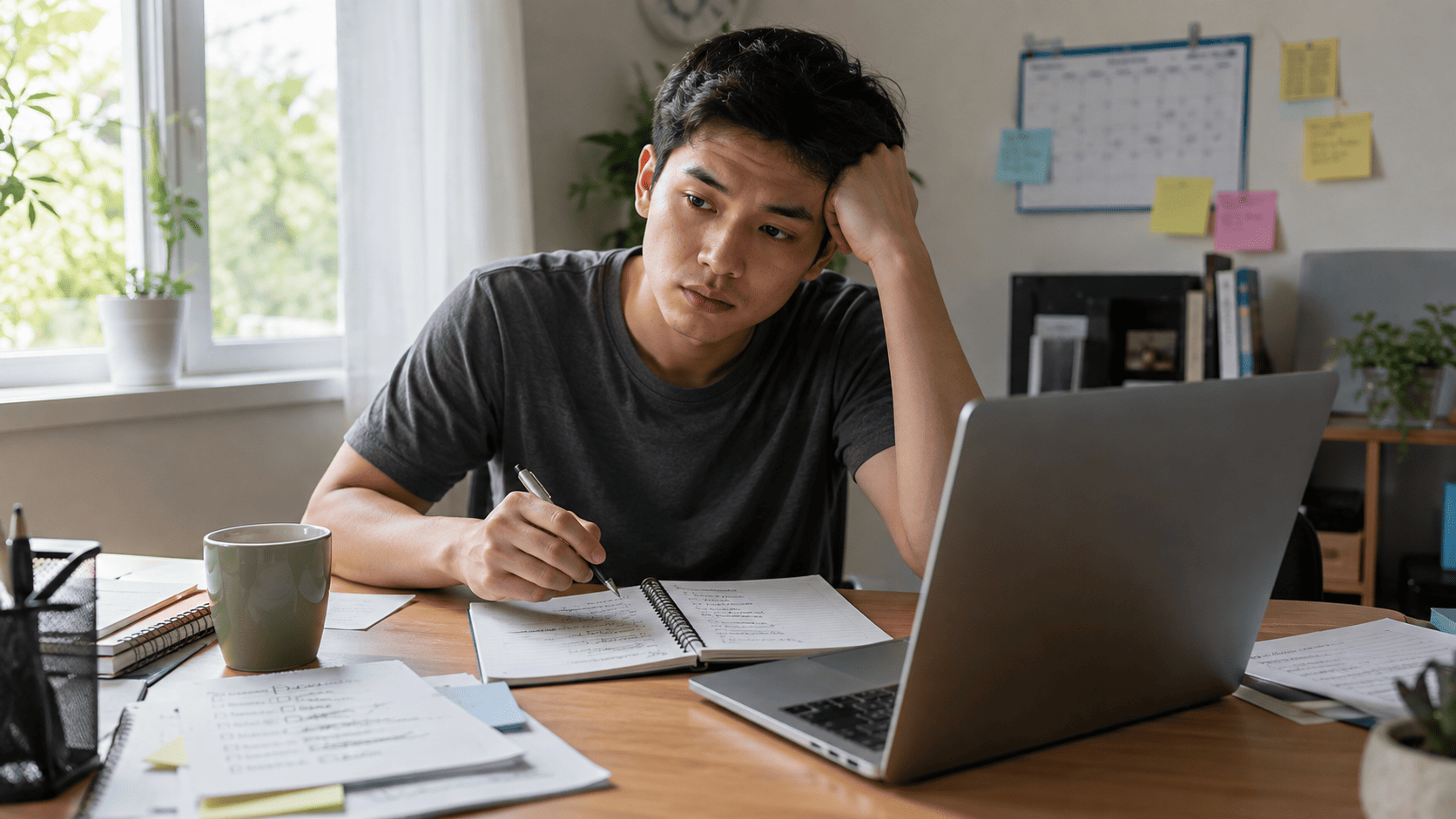 Signs Of Depression Relapse: What Changes Should You Watch For? 2 Stressed man reviewing notes at his desk, displaying signs of depression relapse and fatigue.