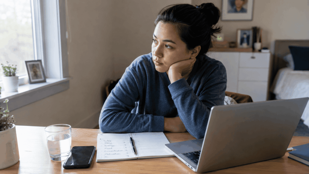 Woman staring blankly at her desk, showing early signs of depression relapse while journaling.