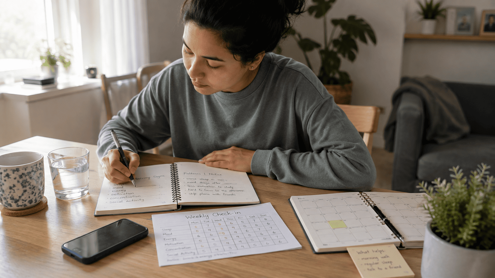 Signs Of Depression Relapse: What Changes Should You Watch For? 3 Woman tracking signs of depression relapse in a journal with mood and sleep check-in charts.