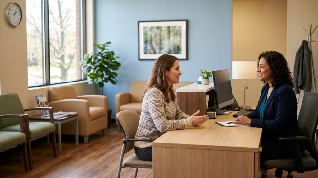 Patient discusses care options with a front desk staff member in a clinic waiting area