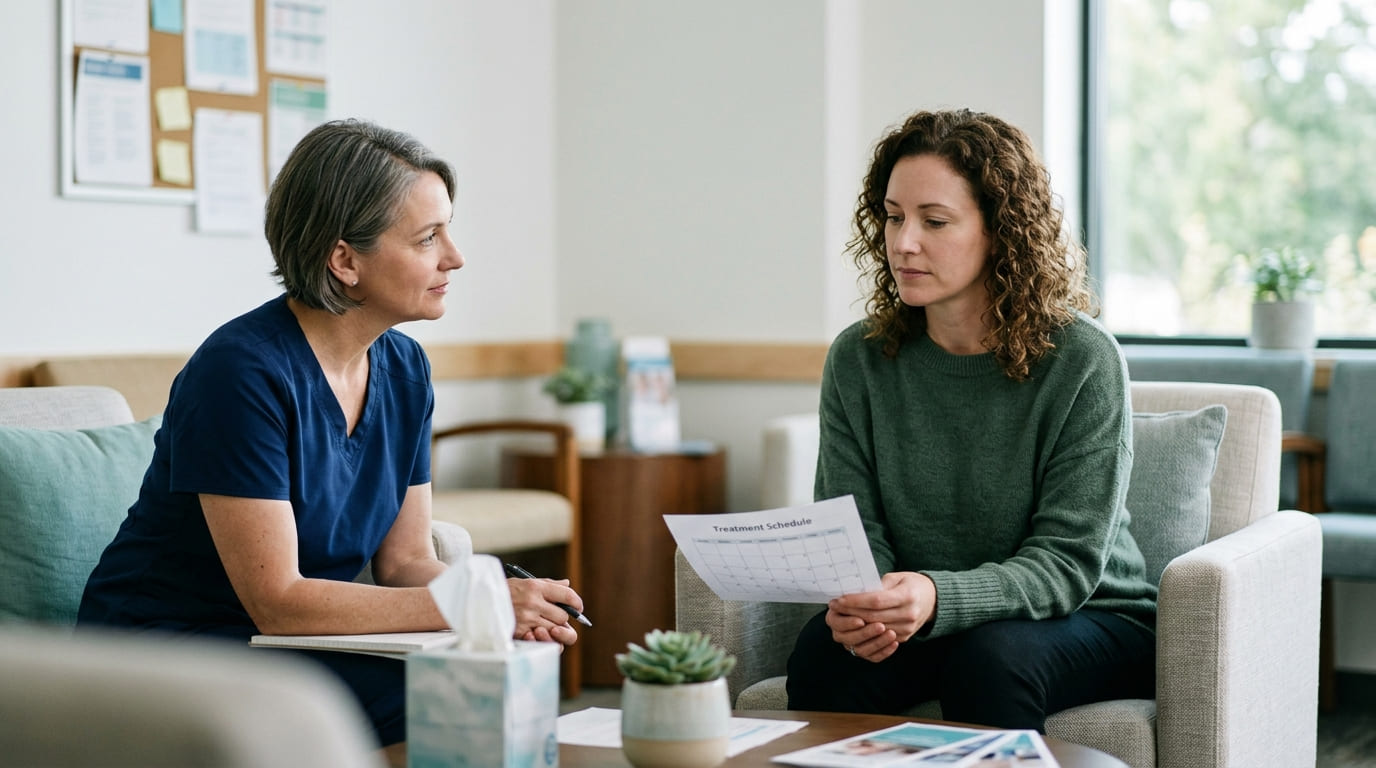 Noninvasive Depression Care: TMS Therapy in Dearborn, MI 1 Patient reviewing a treatment schedule with her provider during a consultation.