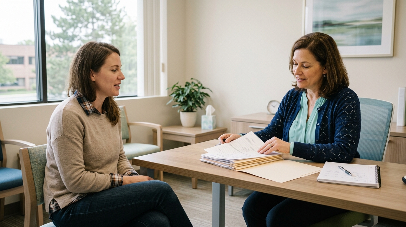 Clinician reviews a patient's medical history and paperwork during an intake appointment.