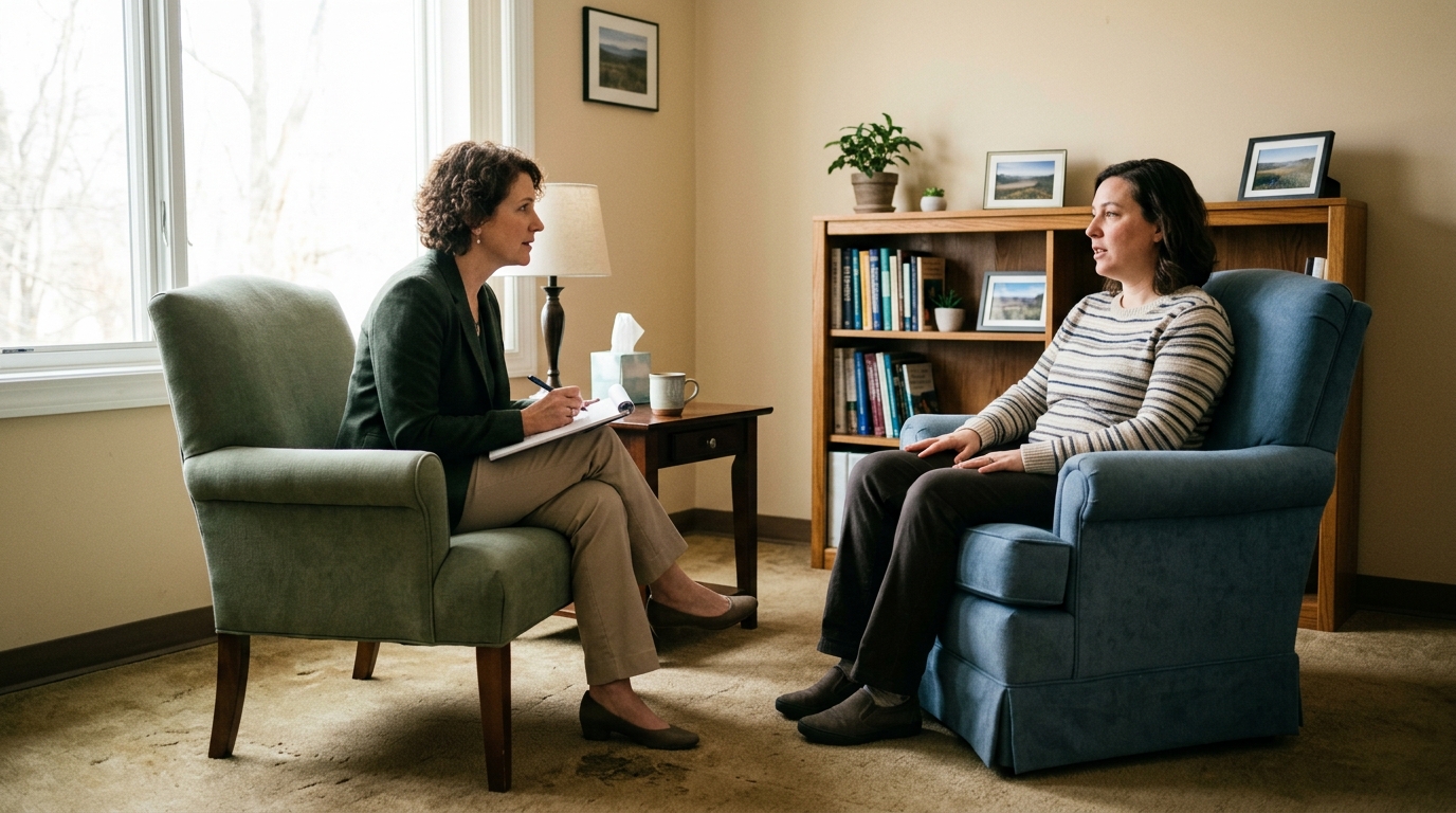 Therapist takes notes while a patient shares during a one-on-one counseling session.